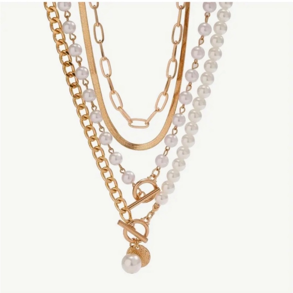 Boho Chic Gold-tone and Faux Pearl Layered 4pc Necklace Set - Picture 3 of 3